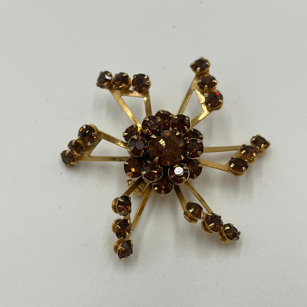 Vintage Brooch Pin Round Cabochon Amber Brown With Rhinestones